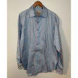 Robert Graham Shirt Men's XL Blue Pink Stripe Flip Cuff Retro Preppy Button Up